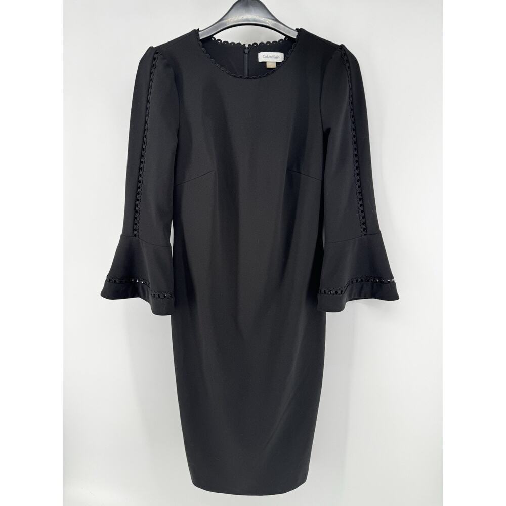 Calvin Klein Size 6 Black Bell Sleeve Dress Scalloped Looped Trim